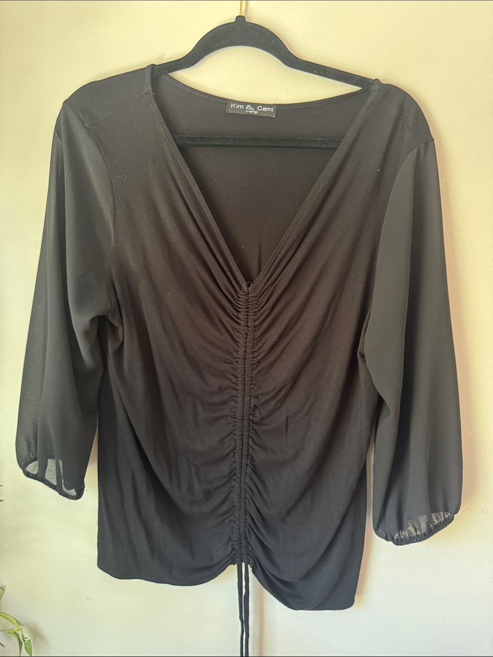 Kim & Cami Black Ruched V-Neck Blouse
